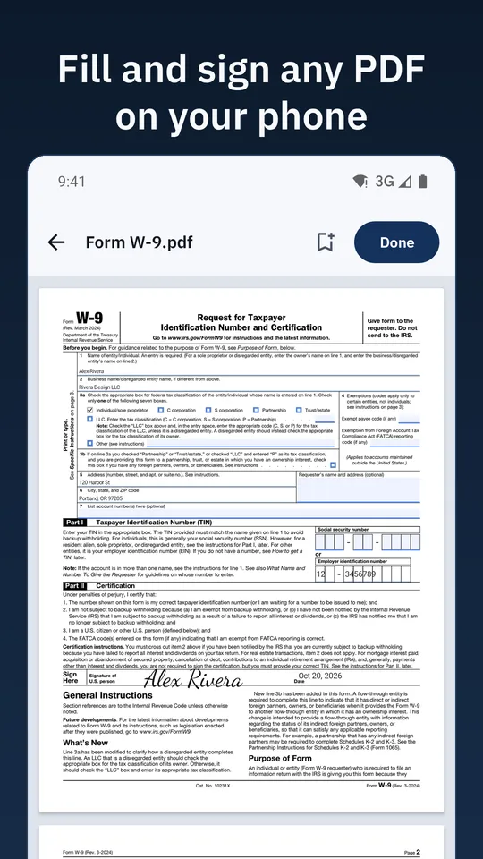 Form W-9 open in PDF Sign & Fill, filled in and signed. Caption: Fill and sign any PDF on your phone.