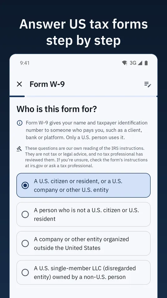 Form W-9 step by step: the question Who is this form for?, with answer choices. Caption: Answer US tax forms step by step.
