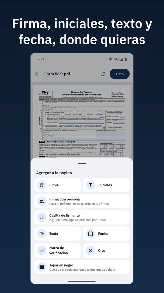 La hoja para agregar a la página sobre un formulario: firma, iniciales, recuadro de firmante, texto, fecha, marca y cruz. Texto: Firma, iniciales, texto y fecha, donde quieras.