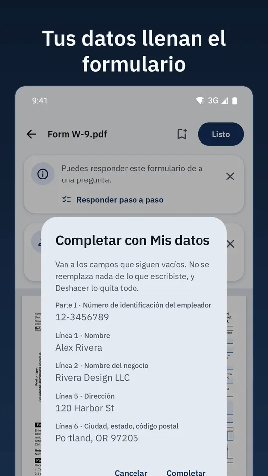 La hoja para llenar con Mis datos, con un nombre, una empresa y una dirección para el formulario. Texto: Tus datos llenan el formulario.